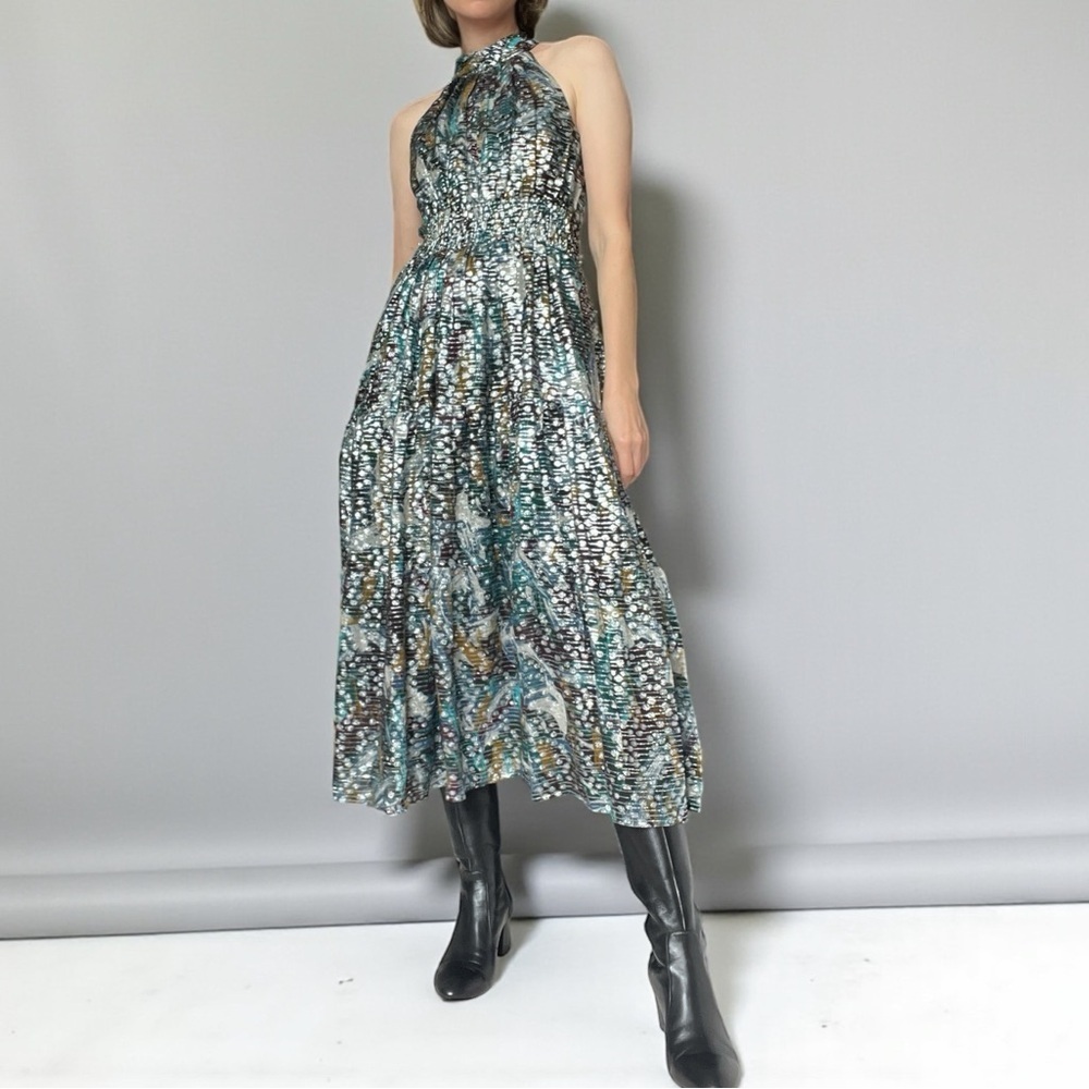 Anthro Multicolor Halter Midi Maxi Dress Holiday Glam Metallic Sparkle SP